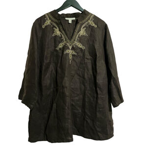Women's JM Collection Brown Gold Embroidered Linen Tunic Top 14W